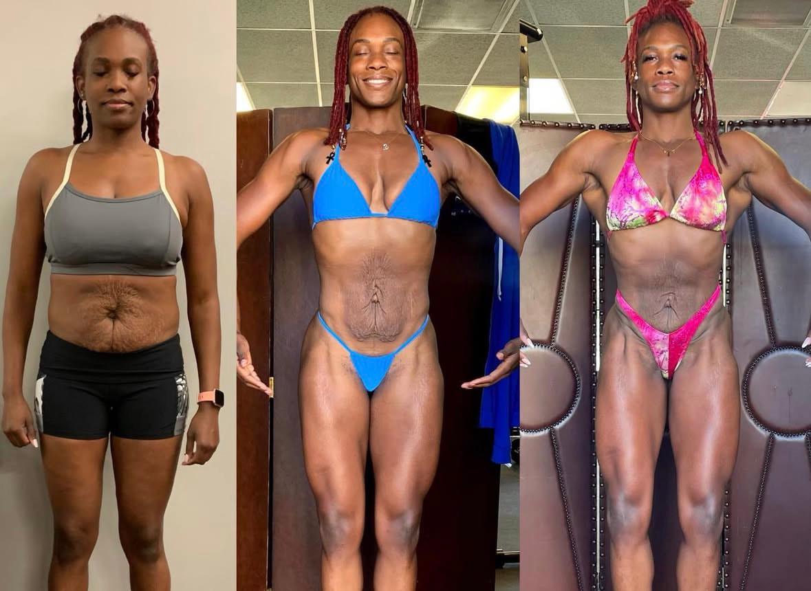 UPF transformation — Reclaimed Identity. Front-on study — three frames, one woman becoming herself again.